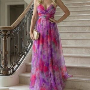 Floral Watercolor Chiffon Maxi Dress - Pink & Purple